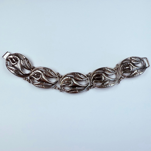 Vintage Large Art Nouveau Flower Danecraft Panel Sterling Silver 925 Bracelet - Picture 2 of 7